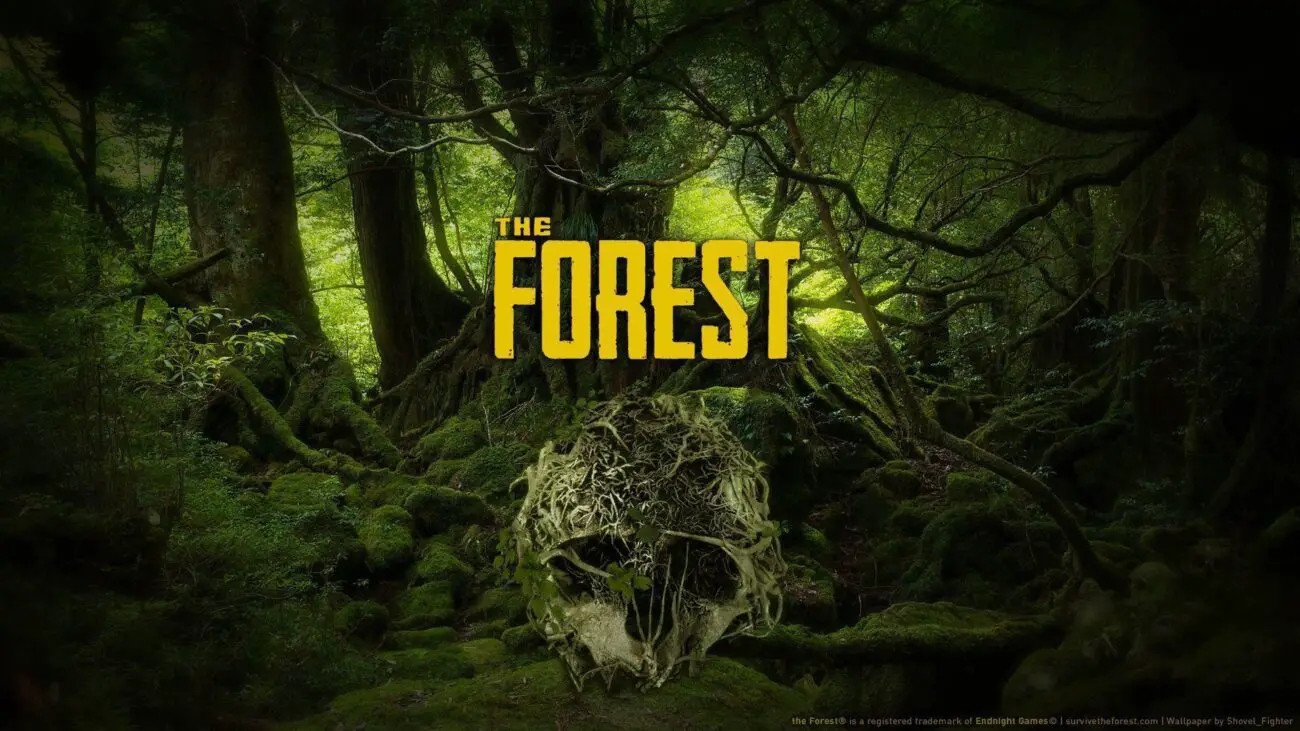 A dense, lush forest scene with large, ancient trees and tangled roots, with the title "The Forest" displayed in bold yellow letters. Below the title is a skull made of twisted roots and vines.