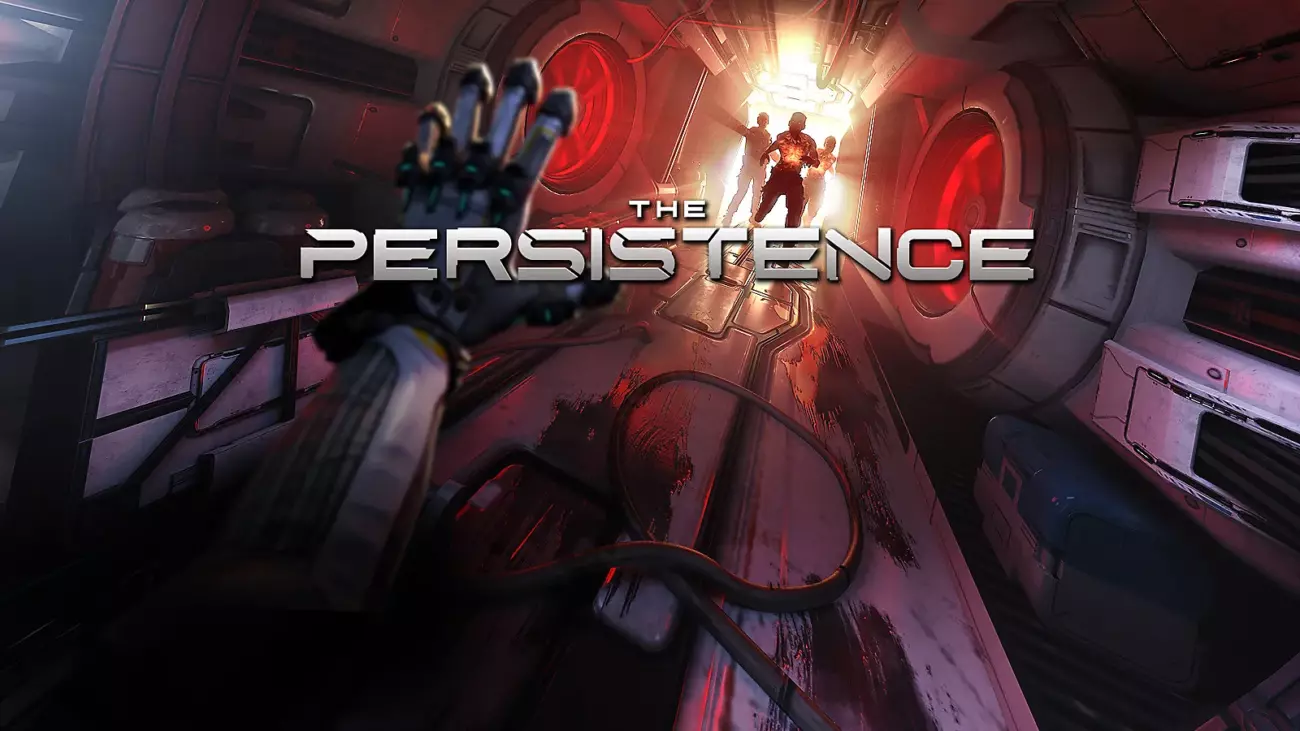 A first-person perspective of a character reaching out towards a group of figures standing in a brightly lit corridor of a spaceship. The title "The Persistence" is displayed prominently in the center.