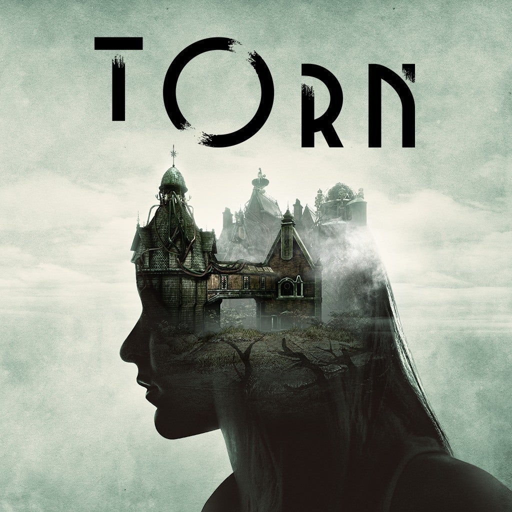 A surreal image of a woman's profile with an old, decaying mansion emerging from her head. The title "Torn" is displayed at the top in bold, distressed letters.