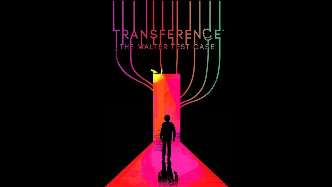 A silhouetted figure walks towards a bright, glowing doorway with colorful, abstract lines extending from the top. The title "Transference: The Walter Test Case" is displayed above the doorway.