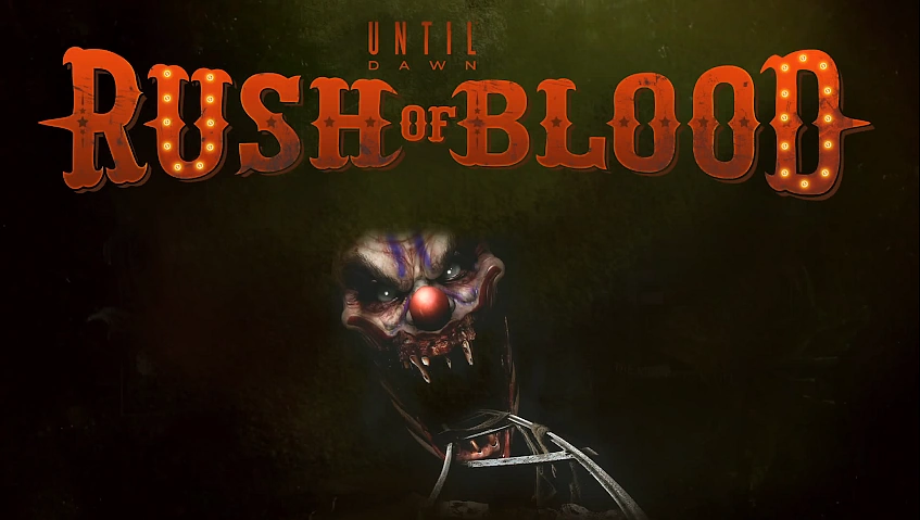 A terrifying, sinister clown with glowing eyes and a menacing grin emerges from the darkness, framed by the title "Until Dawn: Rush of Blood" in bold, stylized letters.