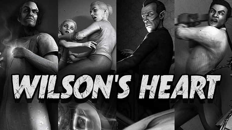 A black-and-white collage featuring four characters, each with a distressed or fearful expression, and the title "Wilson's Heart" displayed prominently in the center in bold, distressed letters.