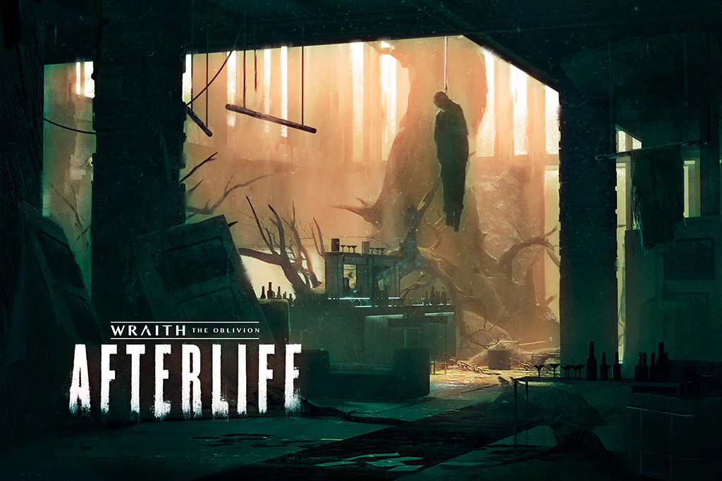 A dark, haunting scene of a dilapidated building with a figure hanging from the ceiling and twisted tree roots creeping into the space. The title "Wraith: The Oblivion - Afterlife" is displayed at the bottom.