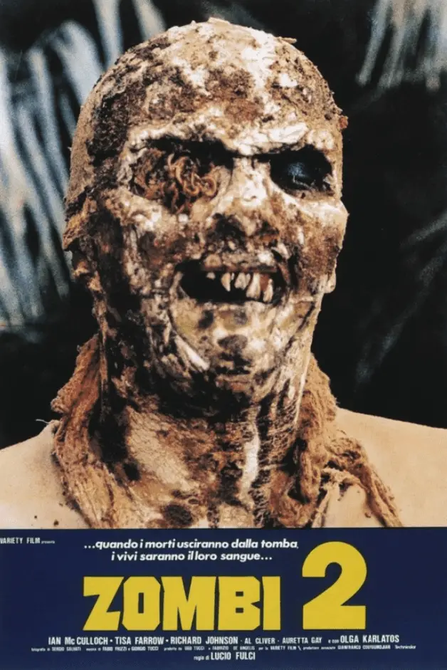 A grotesque and decayed zombie with worms crawling through an empty eye socket, covered in dirt and decomposition, from the film "Zombi 2."