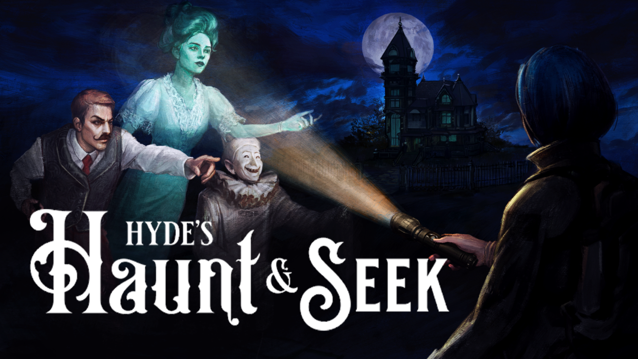 Stylized artwork of ghostly characters emerging from a haunted mansion in Hyde’s Haunt & Seek.