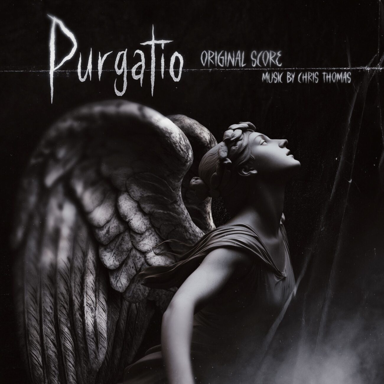 Gothic statue of an angel looking upwards, surrounded by shadows on the cover of Purgatio.