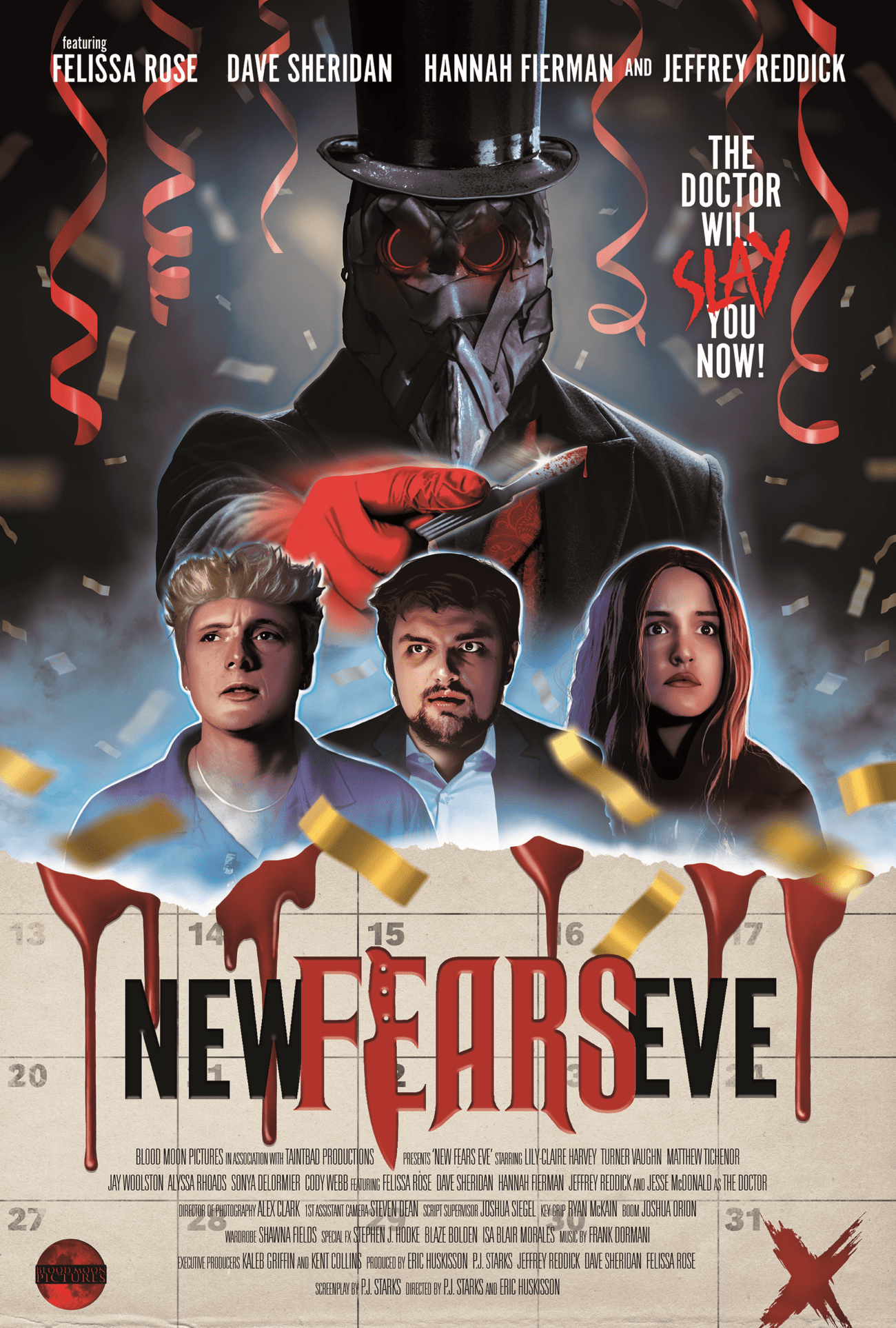 A promotional poster for the horror film New Fears Eve, featuring a menacing figure in a top hat and plague doctor mask. Below the figure, three protagonists look terrified, surrounded by confetti and blood dripping from the title.