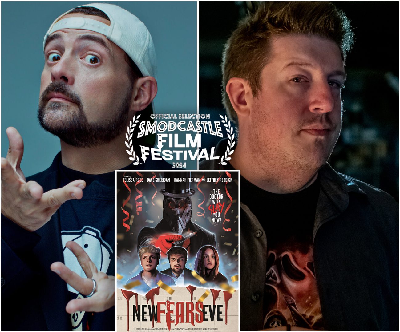 A side-by-side image featuring filmmaker Kevin Smith on the left and New Fears Eve director P.J. Starks on the right. Between them is a smaller version of the New Fears Eve movie poster, promoting the film's selection at the SModcastle Film Festival.