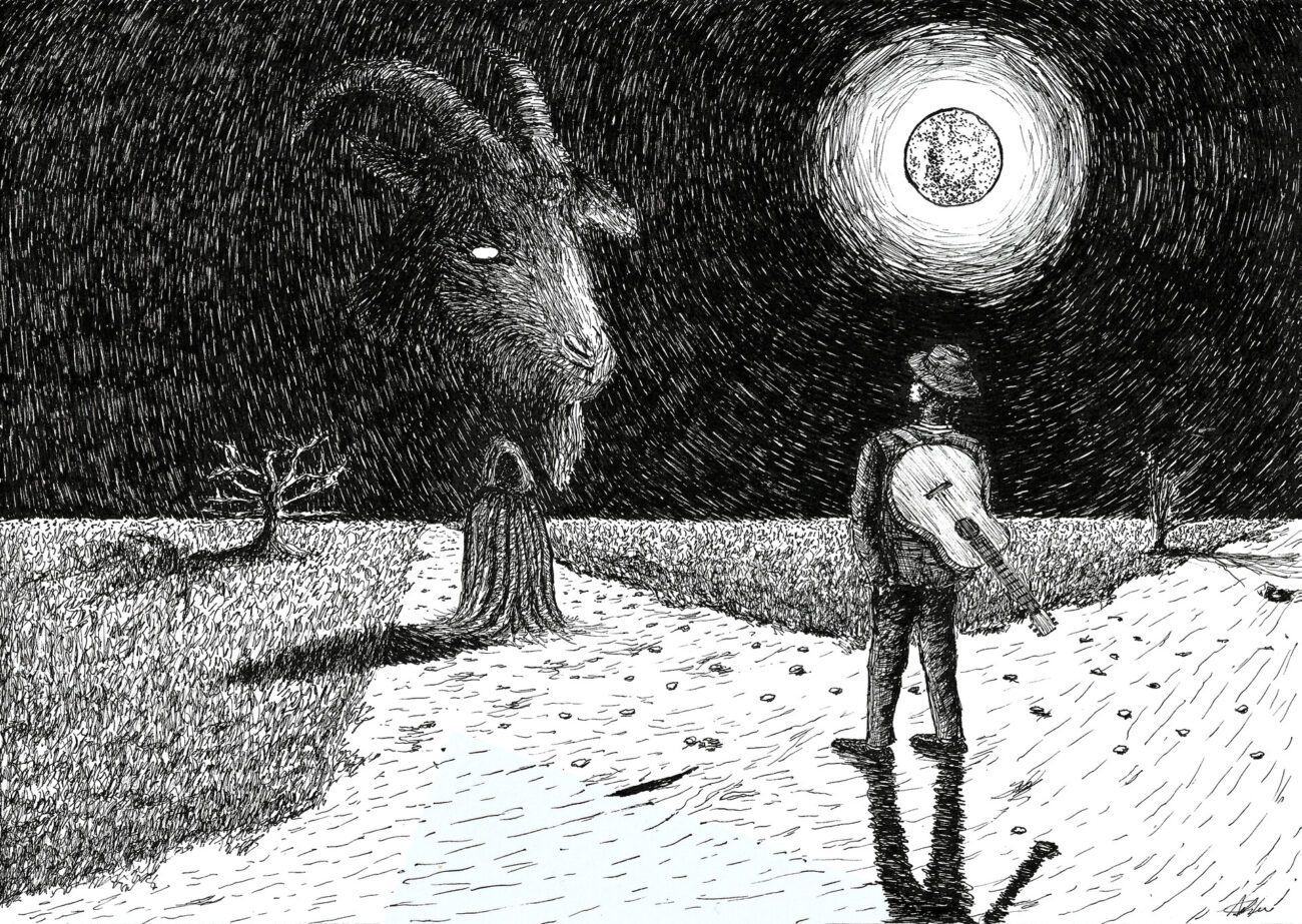 A print and canvas. Based on the legend of Robert Johnson and the devil; done in black ink