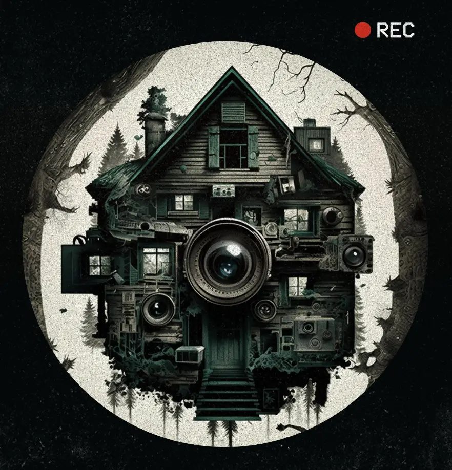 A surreal, ominous depiction of a house shaped like a camera lens.