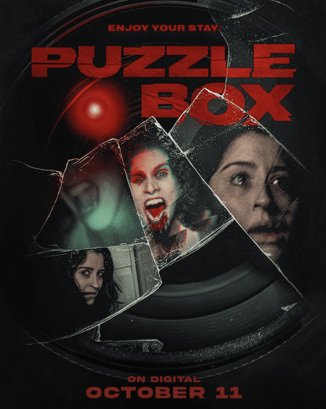 A fragmented, shattered-glass poster featuring overlapping faces of characters, highlighted by a glowing red light, sets the chilling tone for the film.