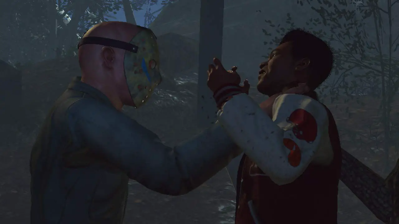 Jason Voorhees grabs a terrified counselor by the throat in a dark, wooded area, the lighting revealing the killer’s iconic hockey mask as he closes in for the kill.