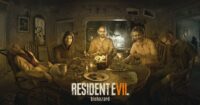 Promotional artwork for Resident Evil VII: Biohazard showing a grotesque dinner scene in a decaying room. Five eerie characters, including a menacing patriarch, sit around a table filled with disturbing, possibly rotting food. The setting features broken furniture, peeling wallpaper, and unsettling decor, evoking a strong sense of horror and unease.