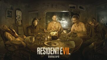 Promotional artwork for Resident Evil VII: Biohazard showing a grotesque dinner scene in a decaying room. Five eerie characters, including a menacing patriarch, sit around a table filled with disturbing, possibly rotting food. The setting features broken furniture, peeling wallpaper, and unsettling decor, evoking a strong sense of horror and unease.